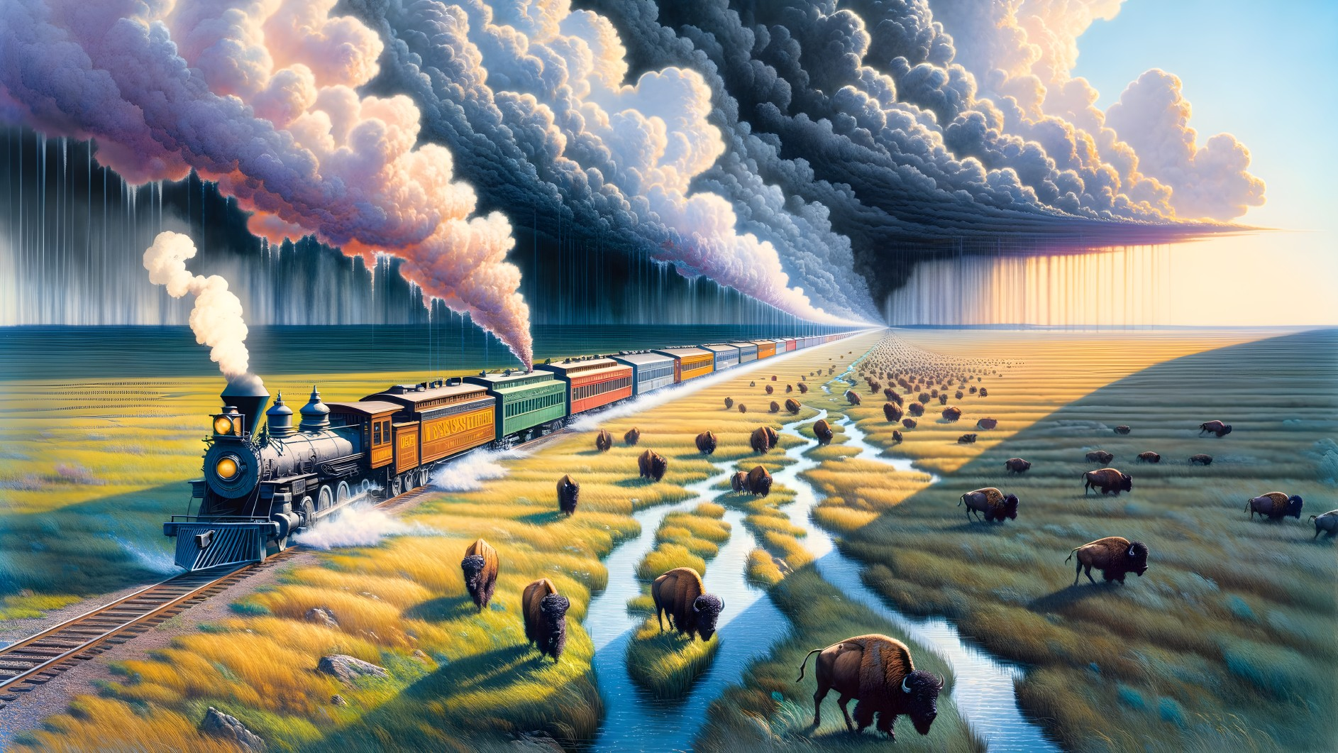 Vintage steam train in grassy landscape with bison