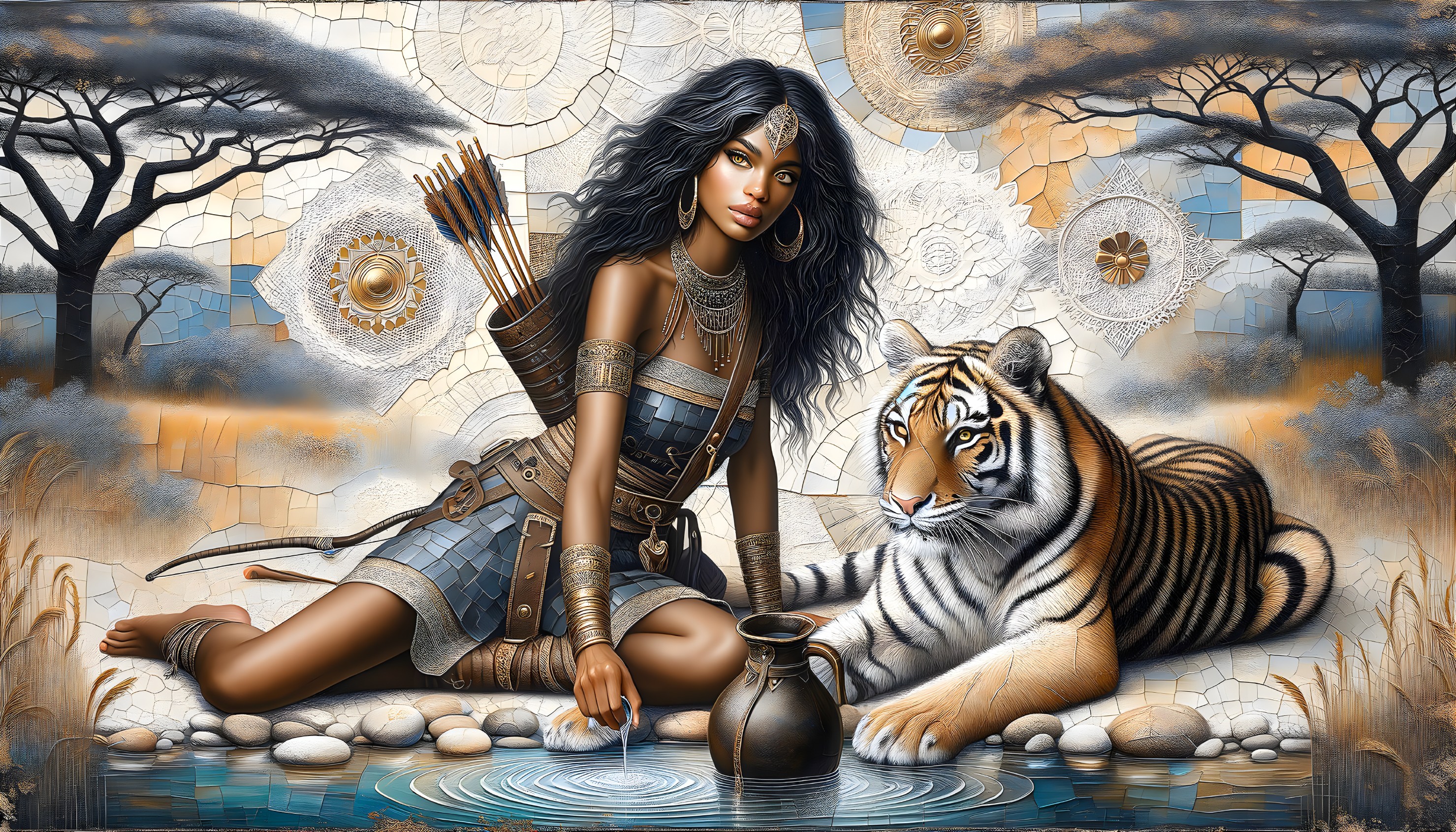 Regal Woman in Armor by Shimmering River with Tiger