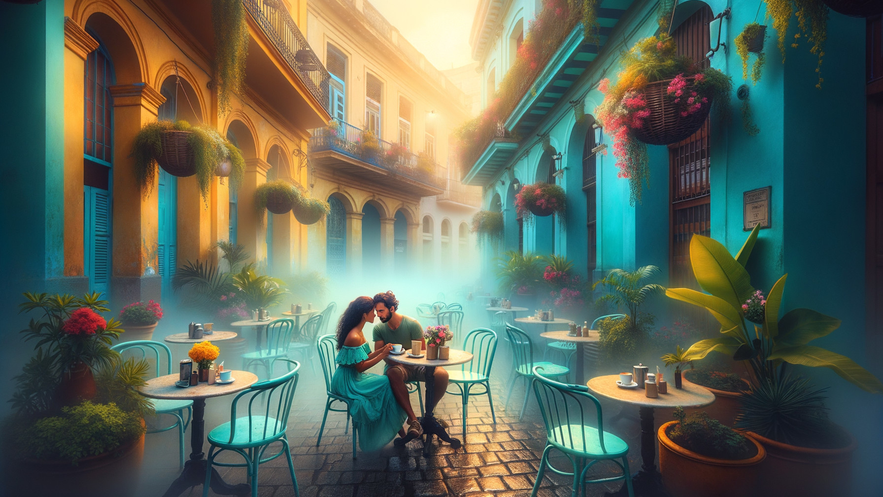 Romantic Alley Scene with Flowers and Cozy Cafe