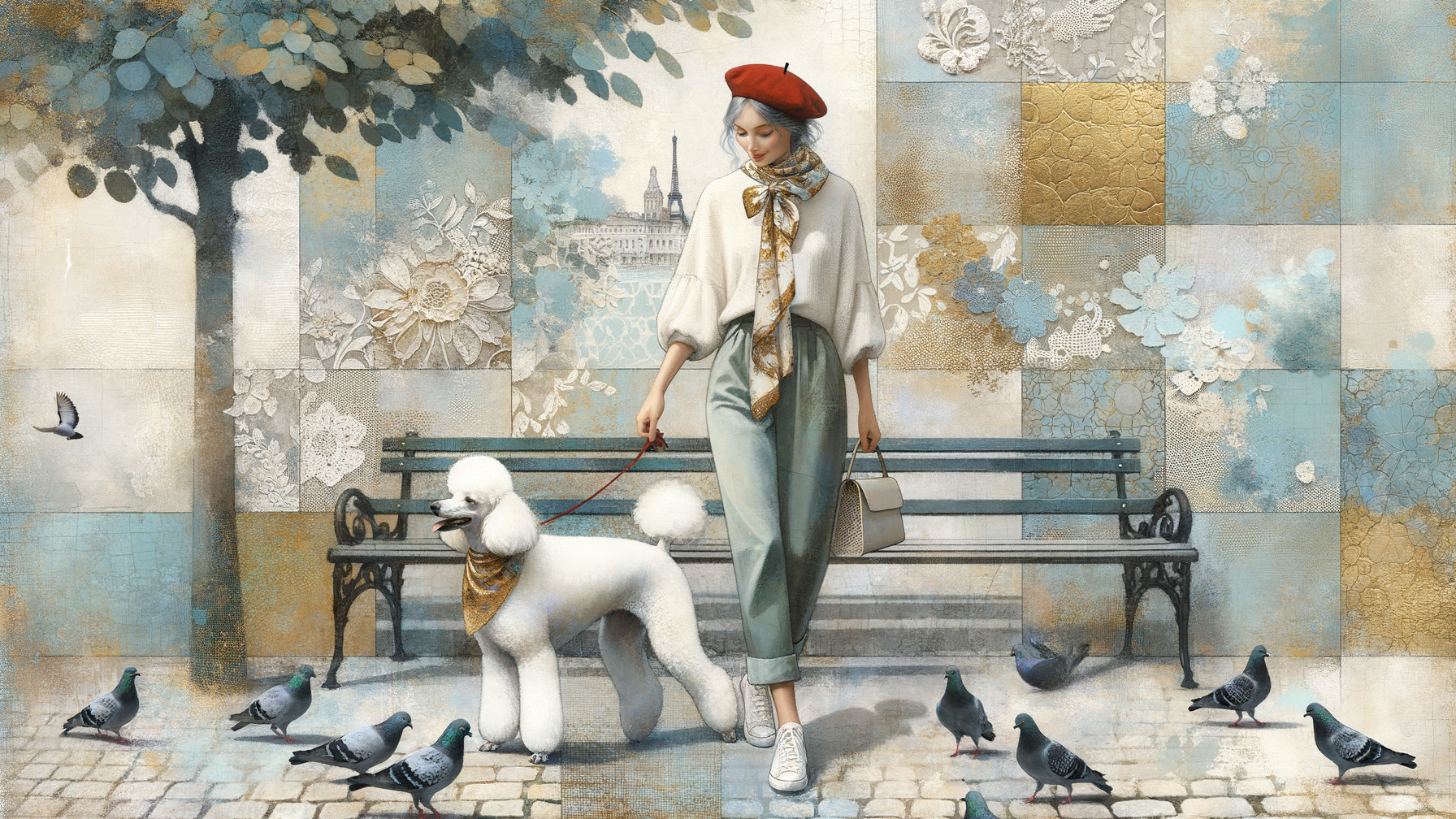 Stylish Woman Walking Fluffy Poodle in Urban Park