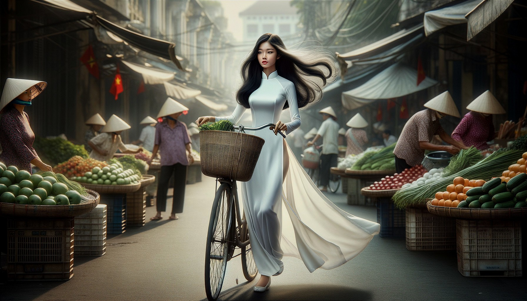 Woman in white áo dài dress with bicycle at bustling street market