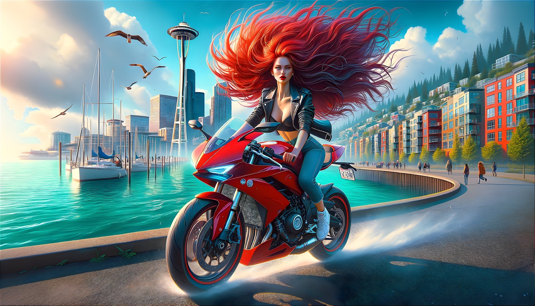 Fierce Woman on Red Motorcycle by City Waterfront
