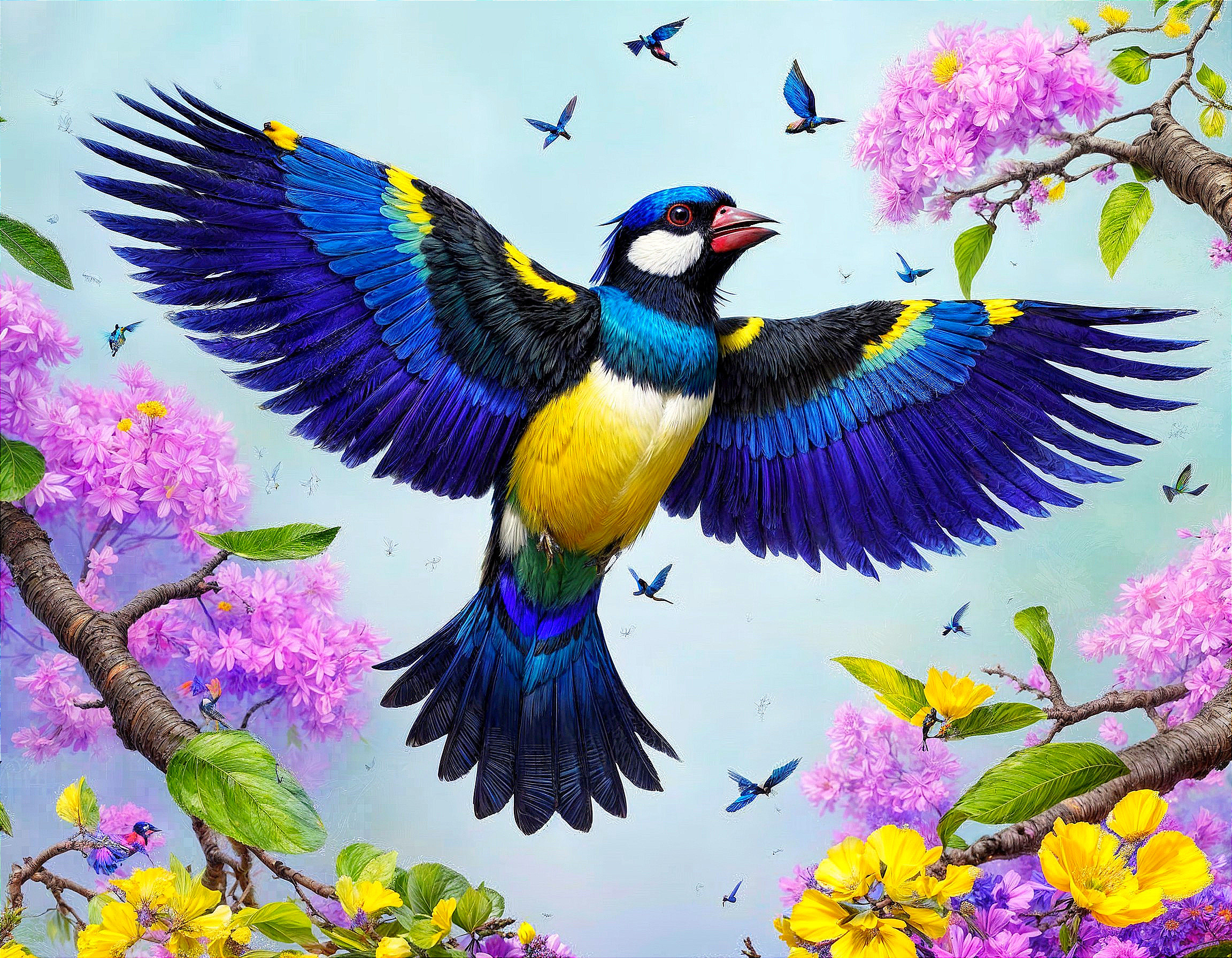 Vividly Colored Bird in Flight Among Flowers