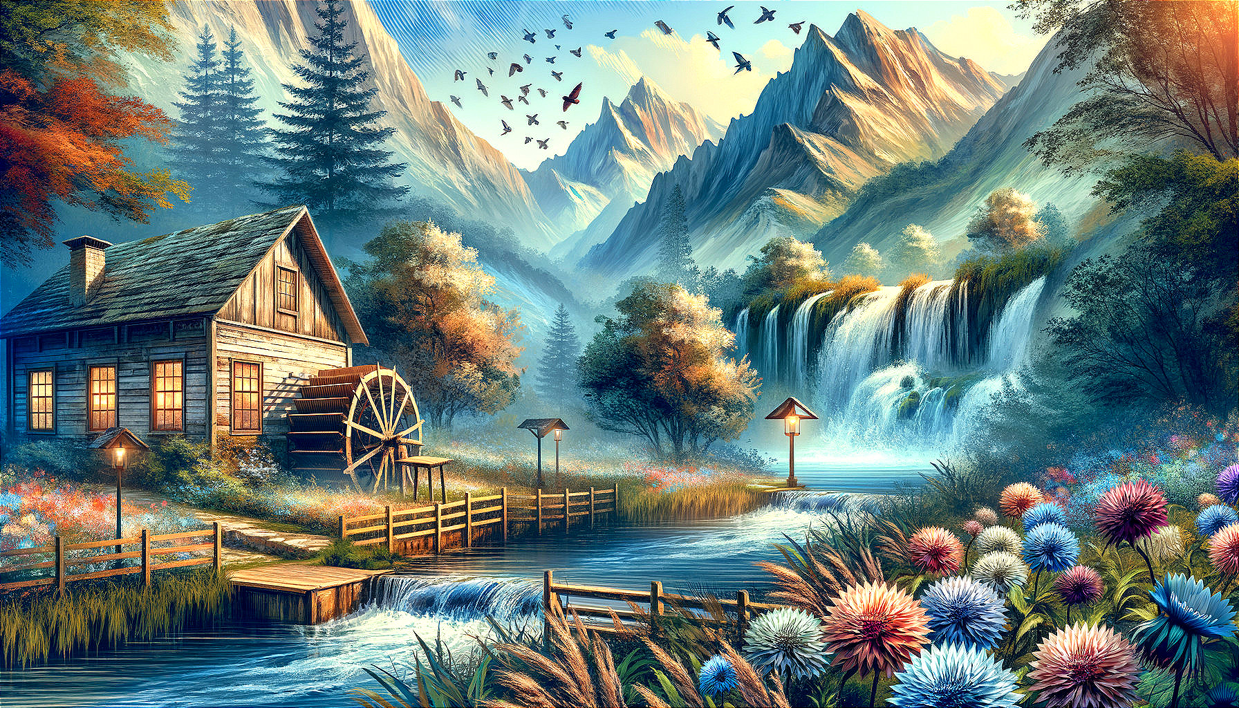 Charming Cottage by River with Water Wheel and Mountains