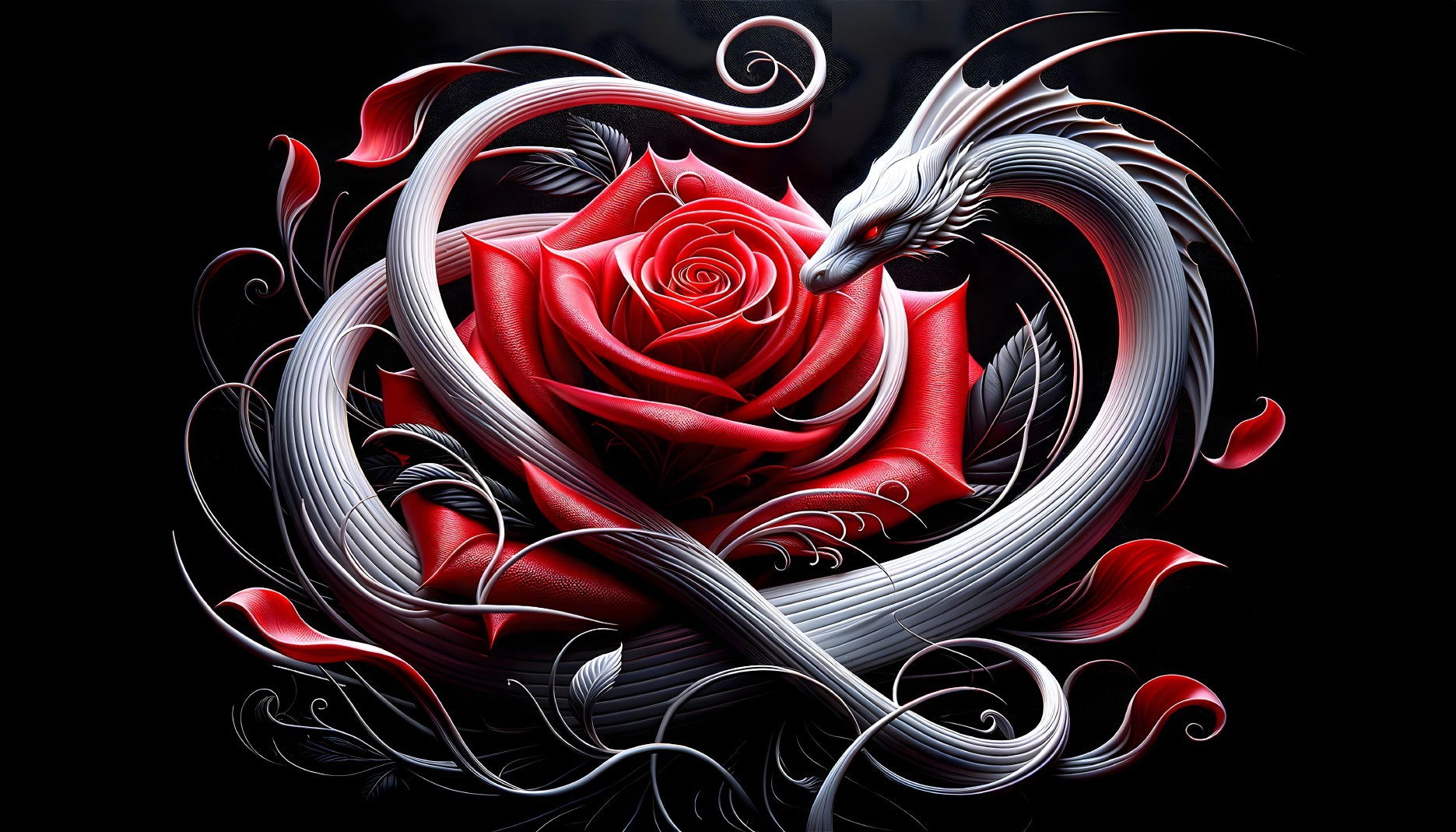 Red Rose and Silver Dragon Design on Black Background