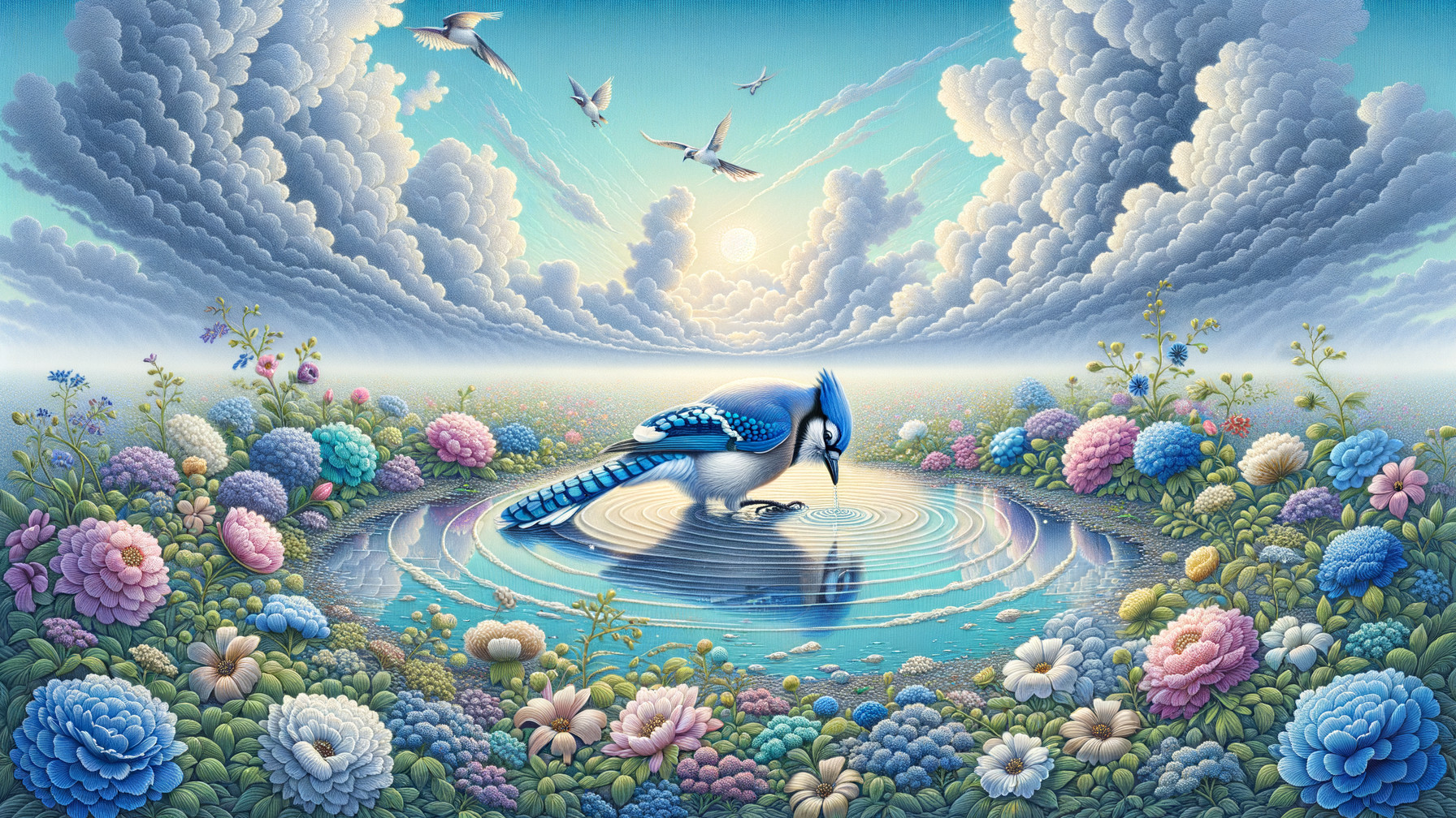 Blue Jay by Serene Pool Amidst Colorful Flowers