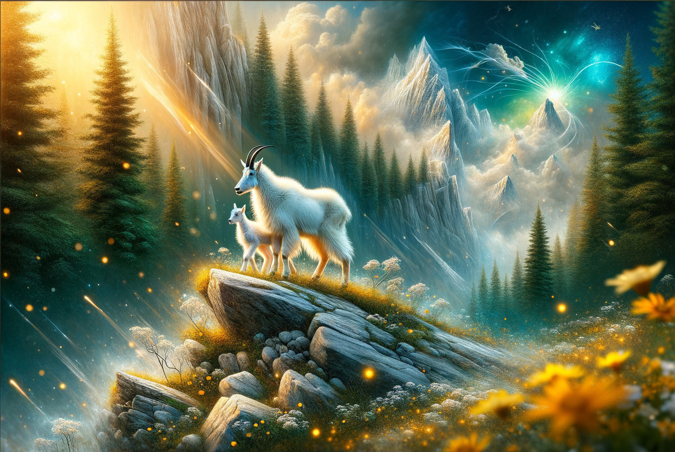 Serene Landscape with Goats and Majestic Mountains