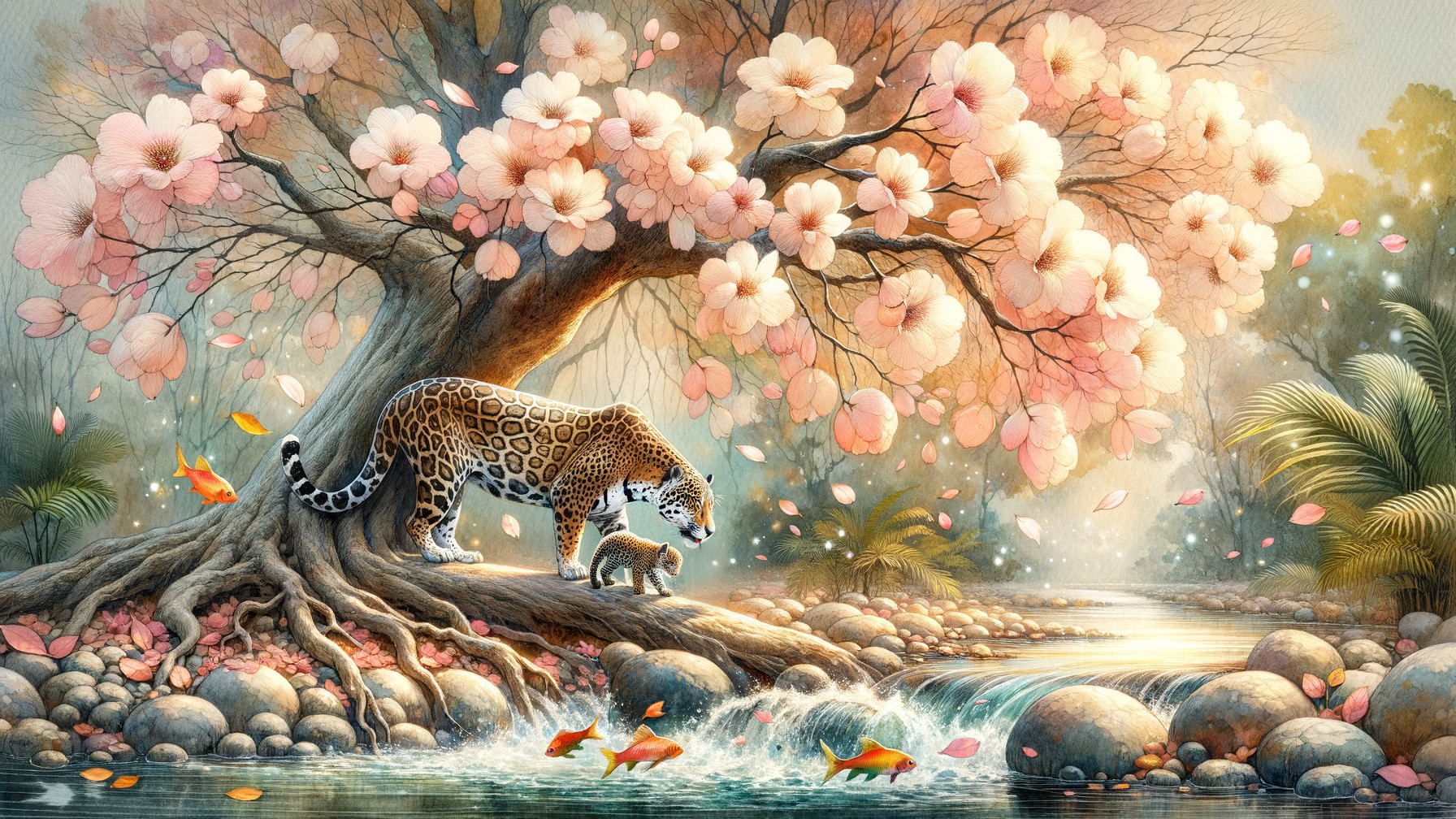 Leopard and Cub by a Serene Stream with Blossoming Tree