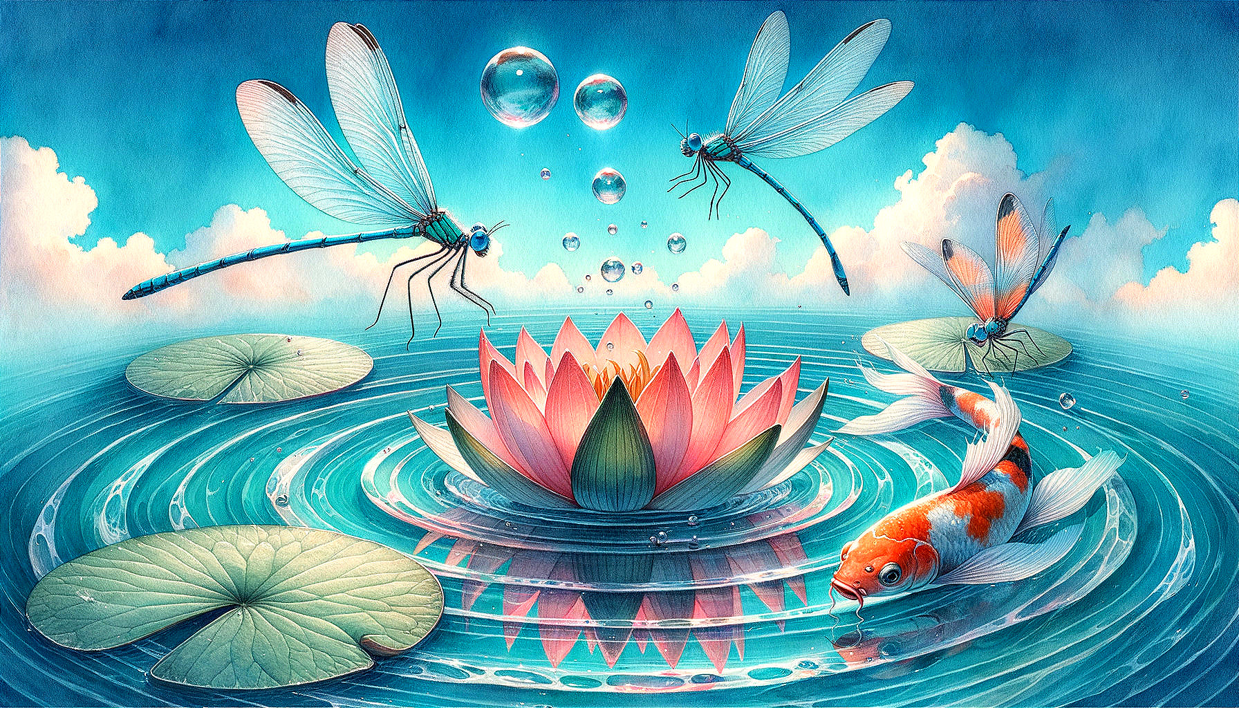 Enchanted Pond: Damselflies and Koi Fish