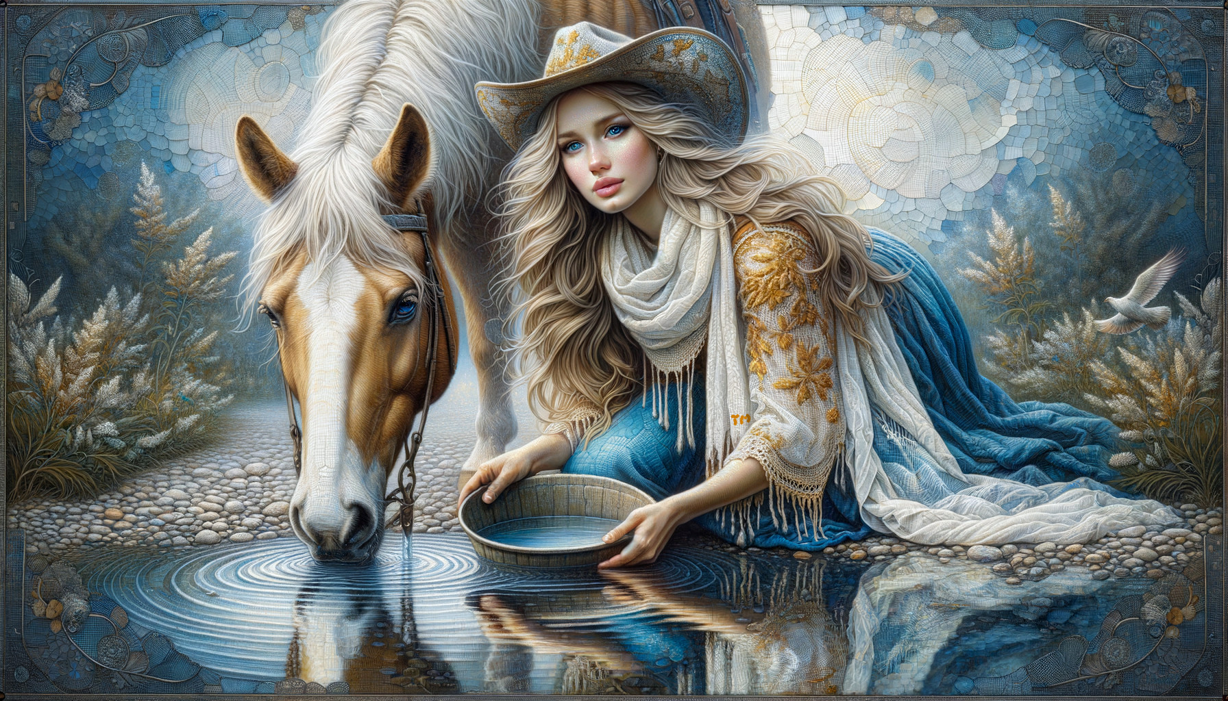 Young Woman by Stream with Palomino Horse in Nature