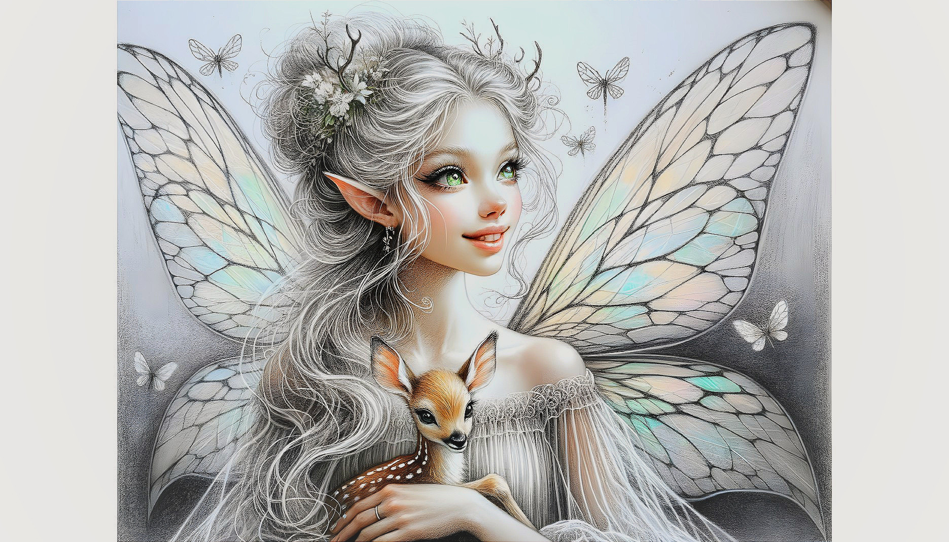 Whimsical Fairy with Silver Hair and Fawn Companion