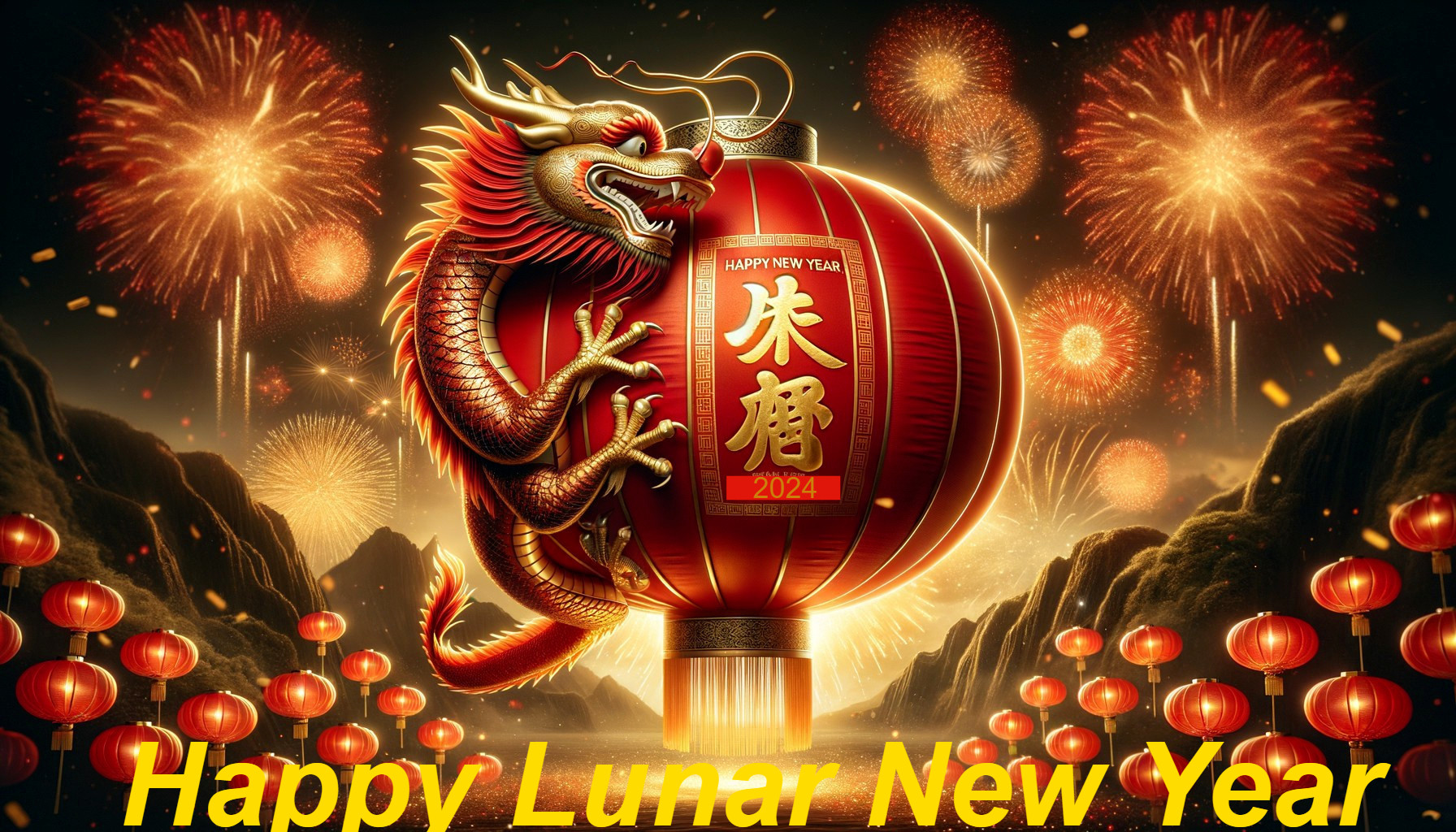 Red lantern, dragon, fireworks: Happy Lunar New Year 2024 celebration.