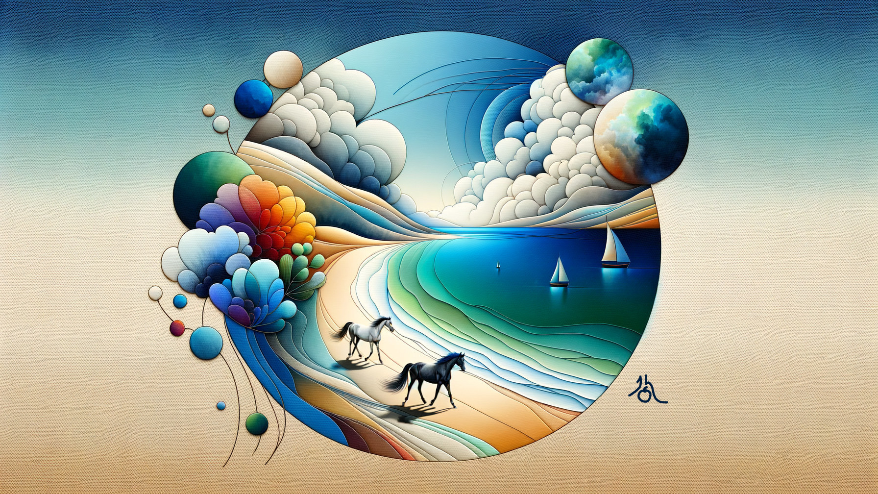 Surreal Landscape with Horses and Two Moons