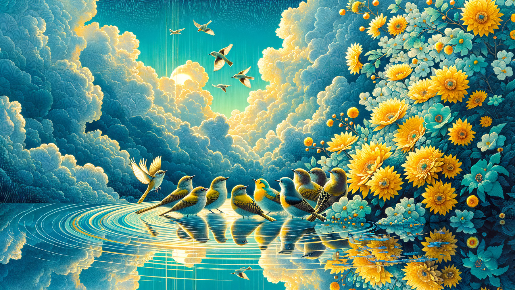 Vibrant Landscape with Tranquil Pool and Birds