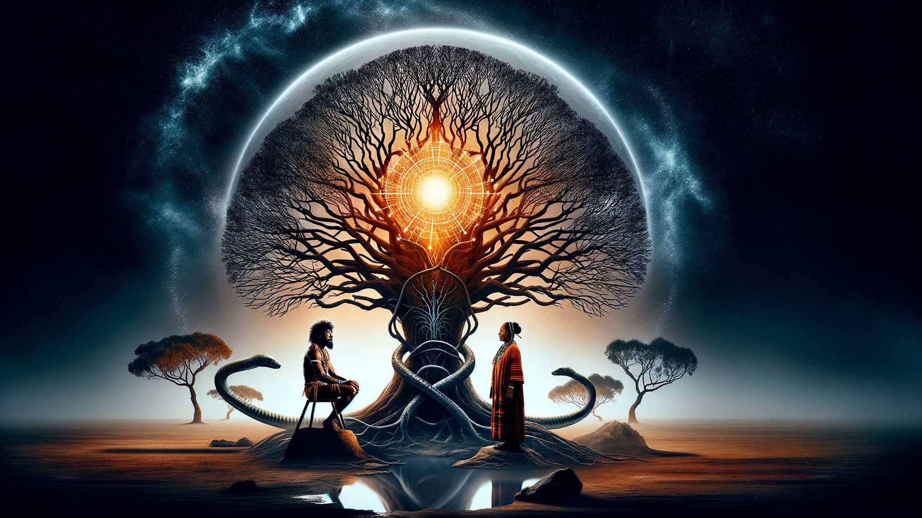 Surreal Landscape with Figures and Majestic Tree