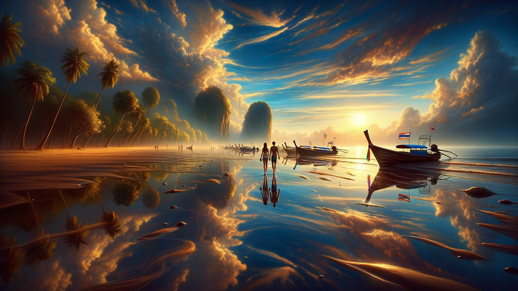 Golden Sunset Over Serene Beach with Silhouettes