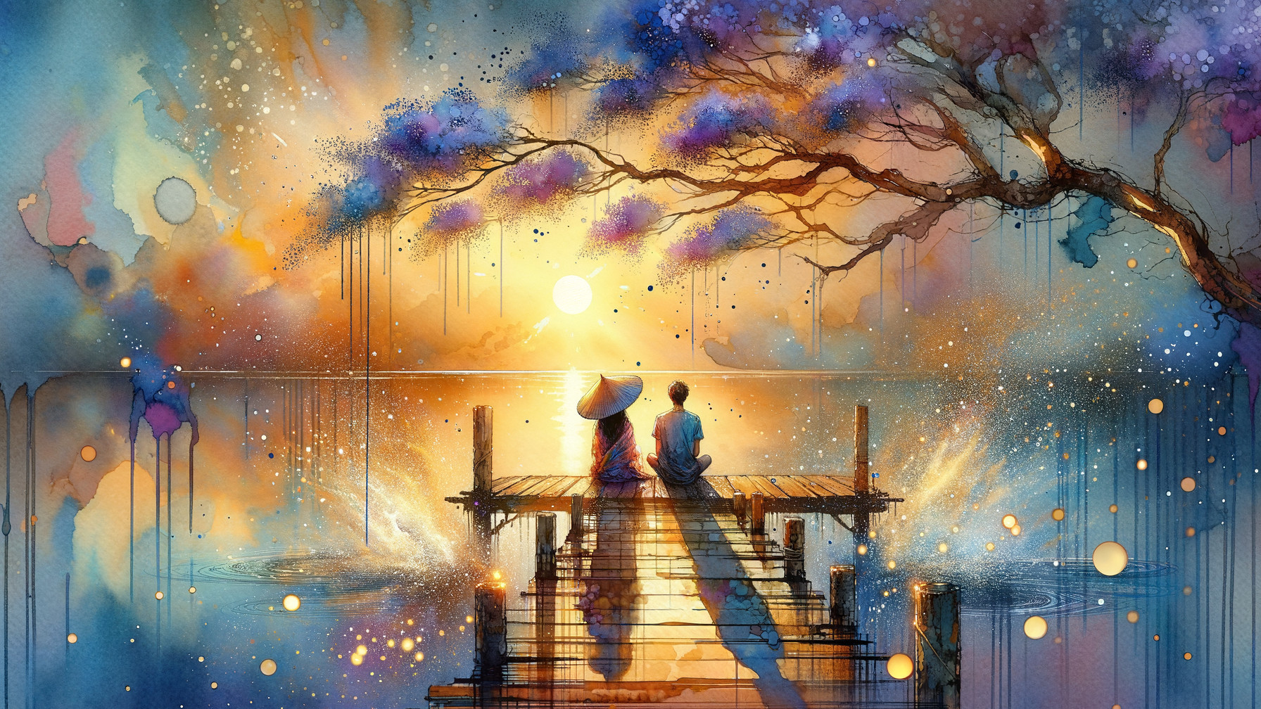 Watercolor Scene of Figures on Pier at Sunset