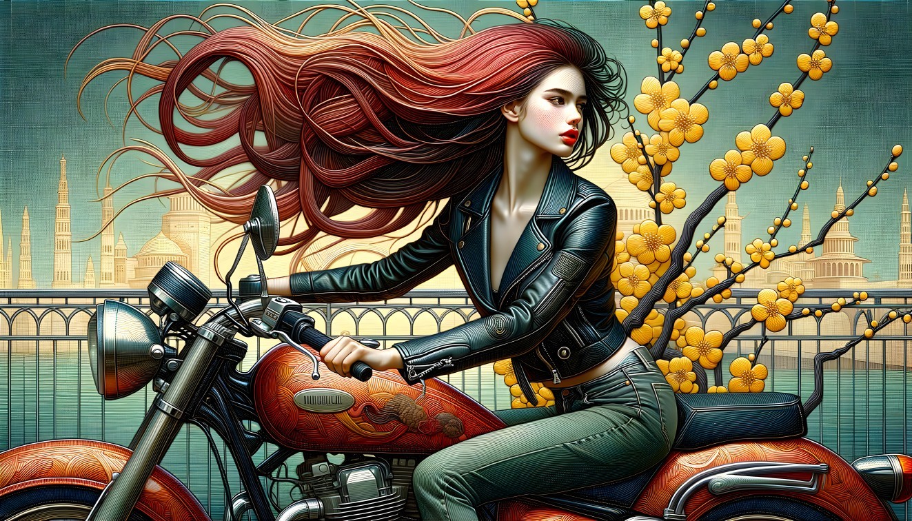 Woman on Vintage Motorcycle with Floral Urban Background