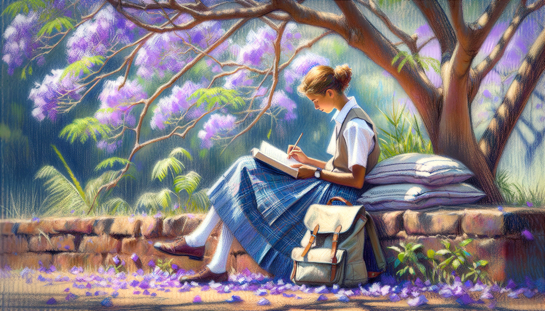 Young girl reading under flowering tree with blossoms