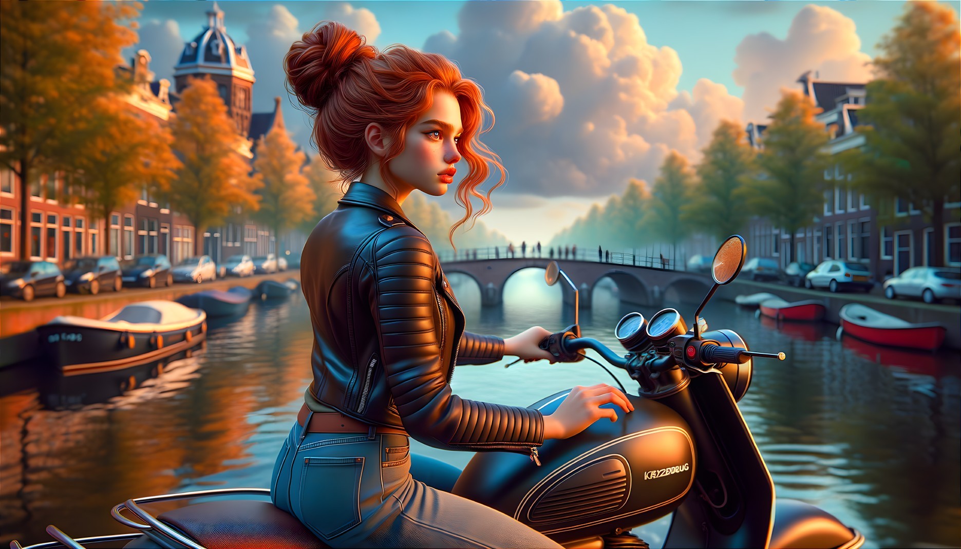 Young Woman on Vintage Motorcycle by Scenic Canal