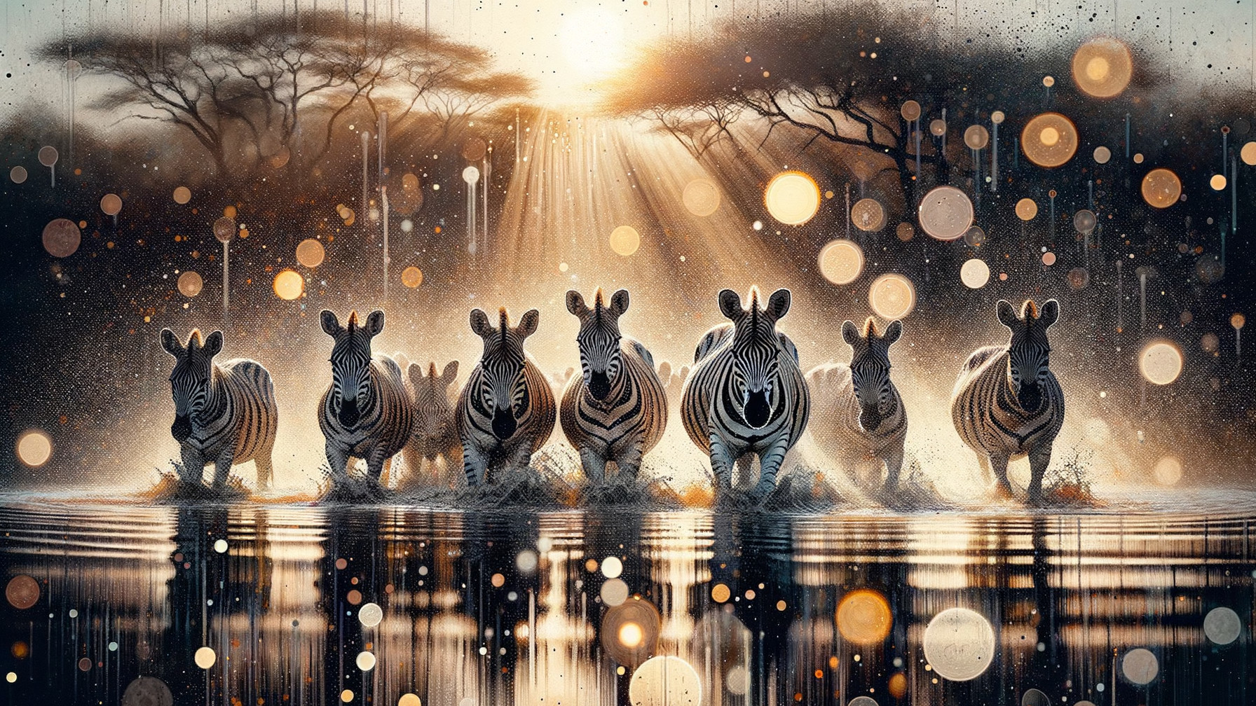 Zebras Walking Through Shallow Waters with Reflections