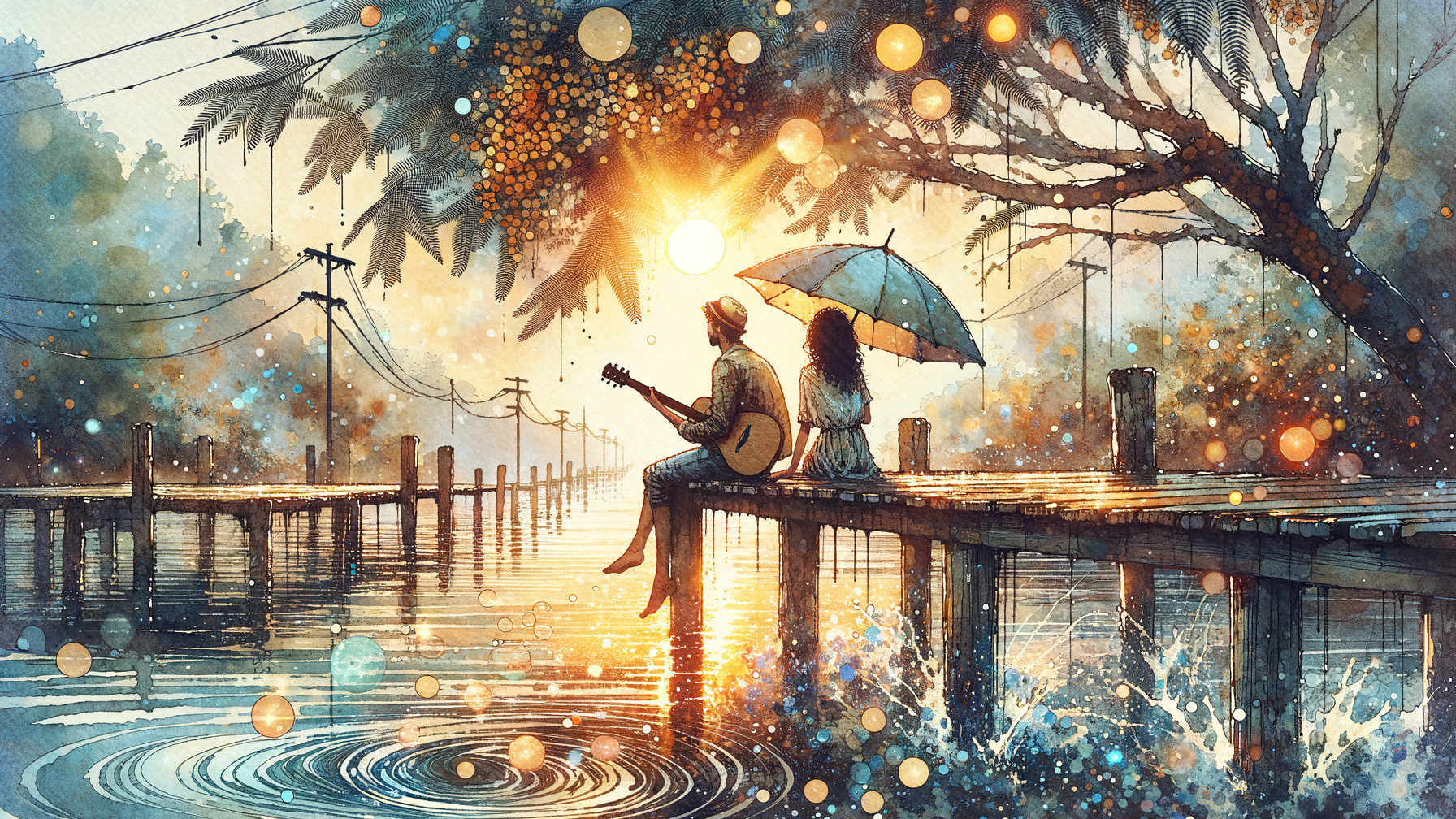 Watercolor Scene of Couple on Dock in Golden Light