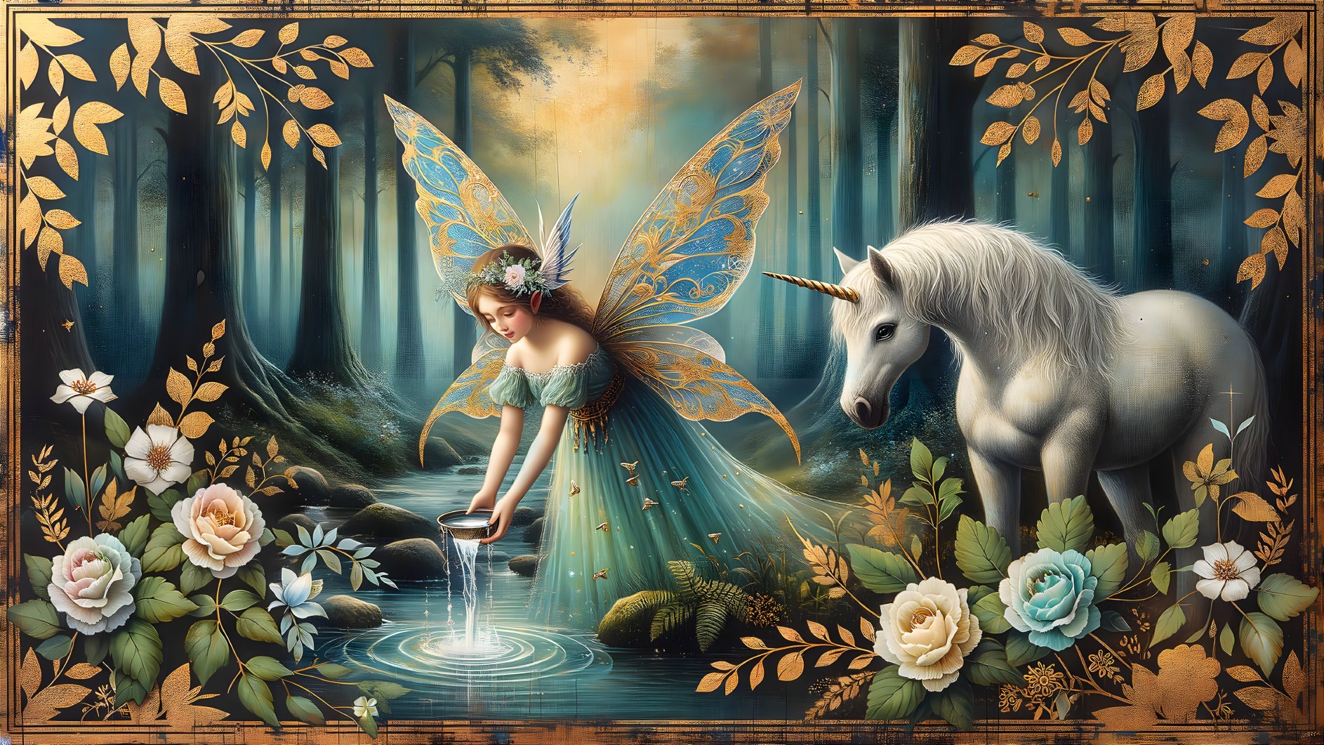 Fairy and Unicorn in a Magical Forest Setting