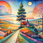 Whimsical Landscape with Colorful Buildings and River