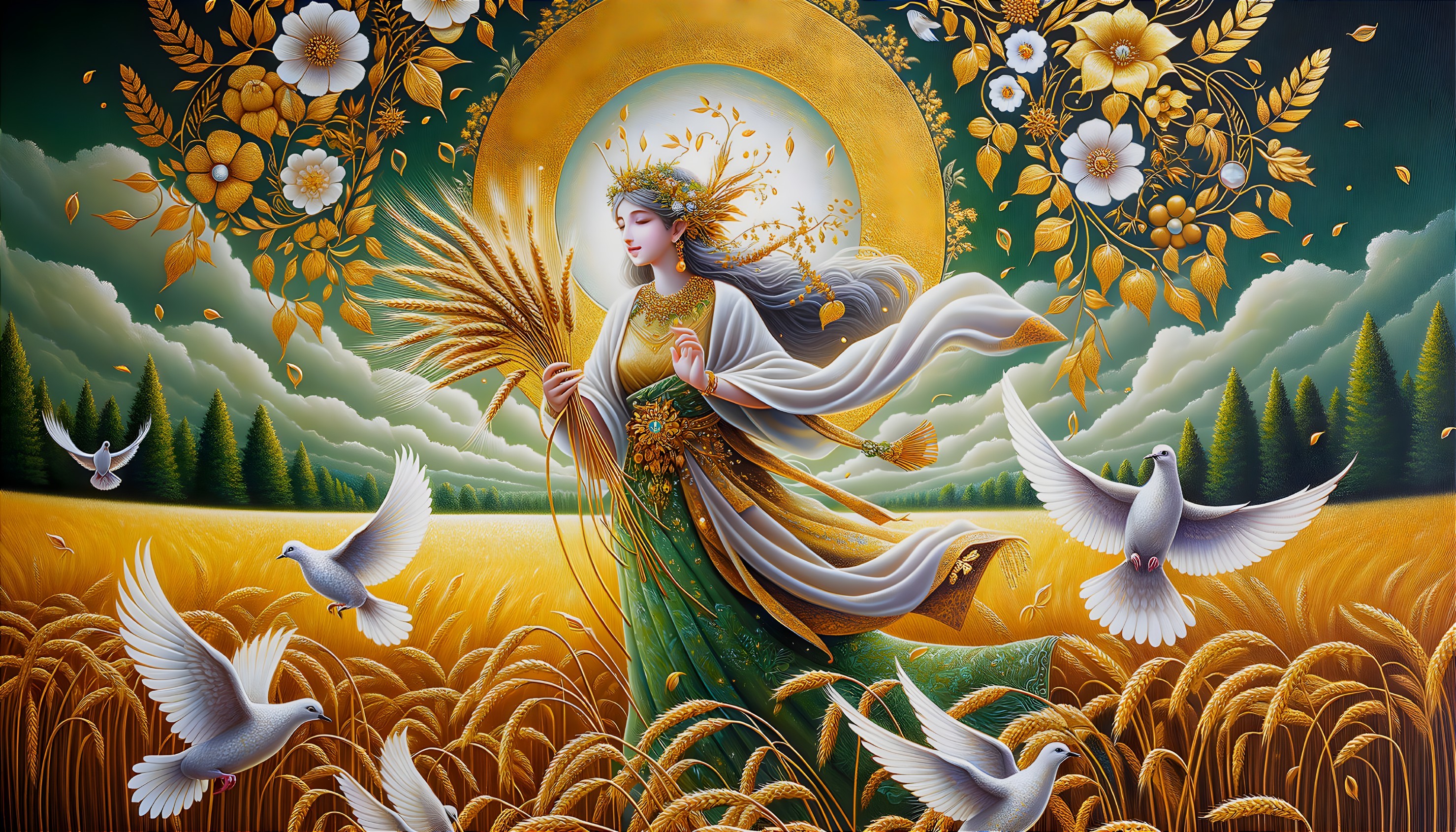 Woman in Floral Garments in Golden Wheat Field