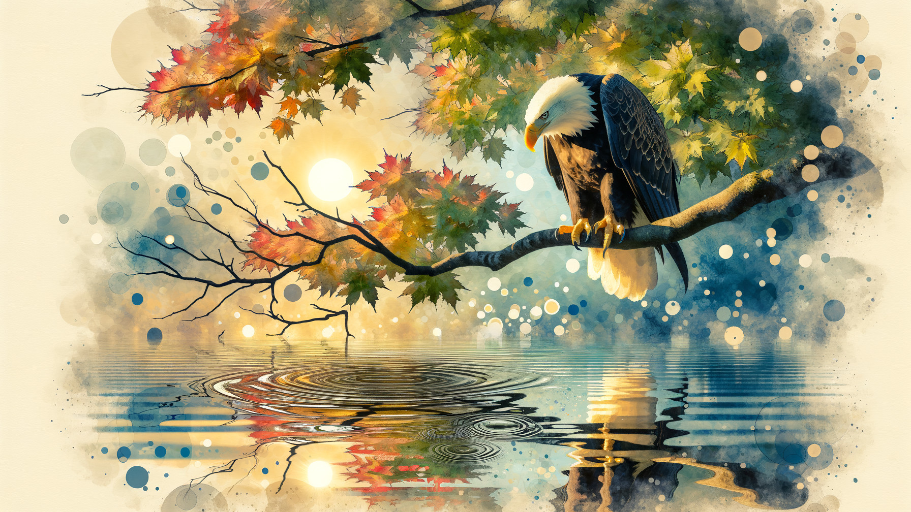 Bald Eagle on Branch Overlooking Autumn Lake Scene