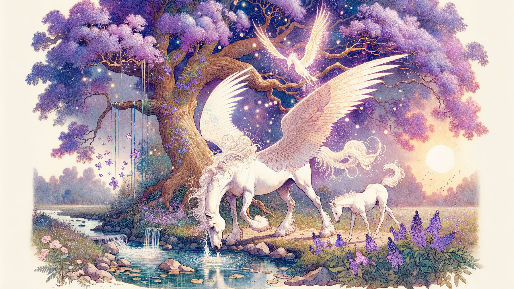 Fantasy Landscape with Winged Horse and Vibrant Flora