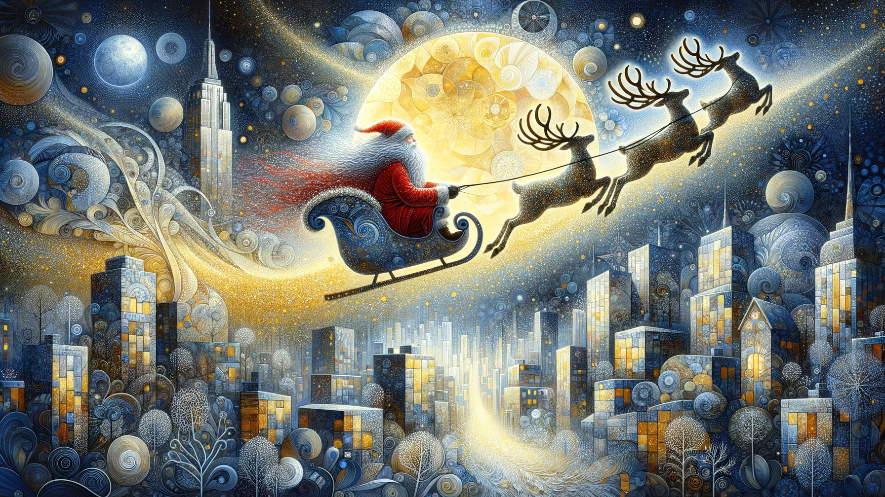 Santa Claus in a Sleigh Over a Starry Cityscape