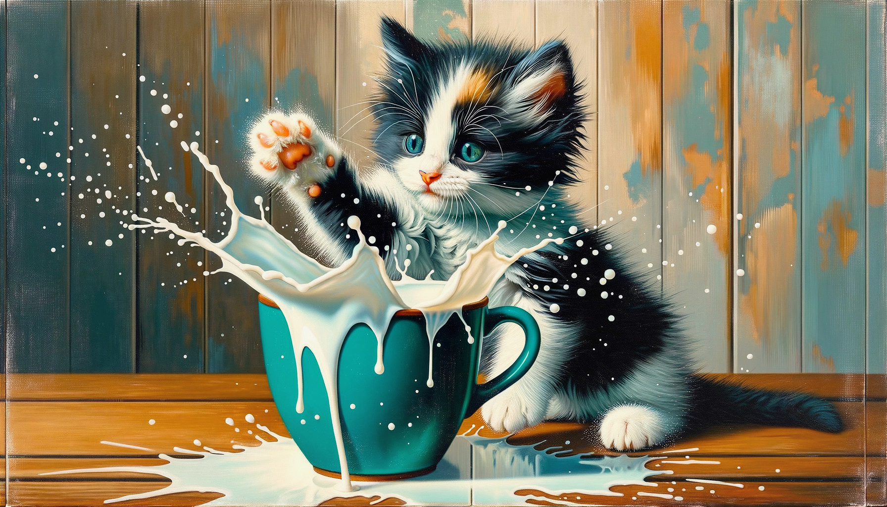 Playful Kitten Reaching into Turquoise Mug of Milk