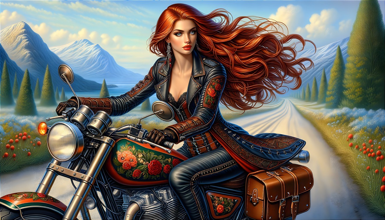 Woman with Red Hair Riding Motorcycle on Scenic Road