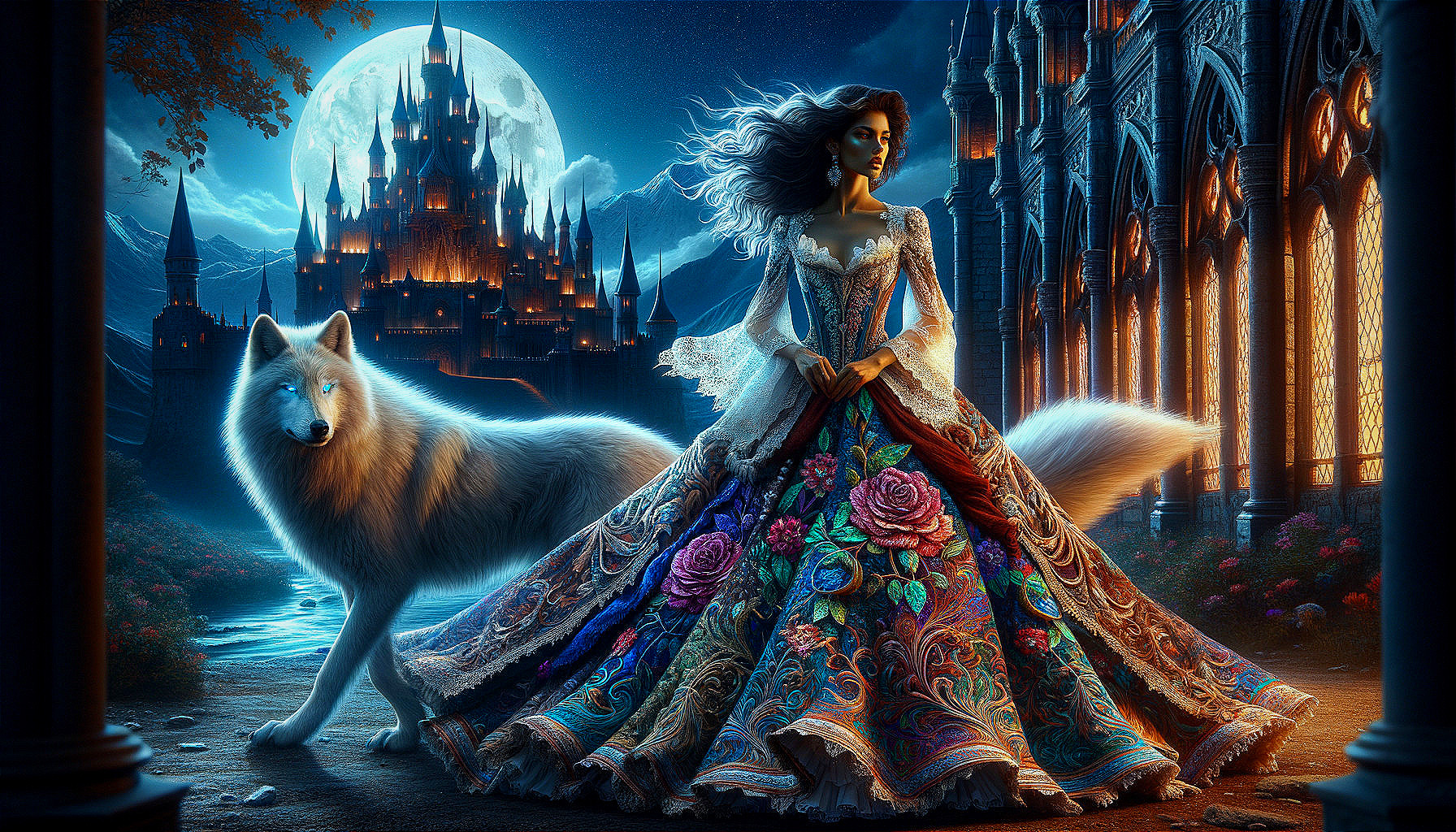 Mystical Scene with Woman, Wolf, and Castle Under Moon