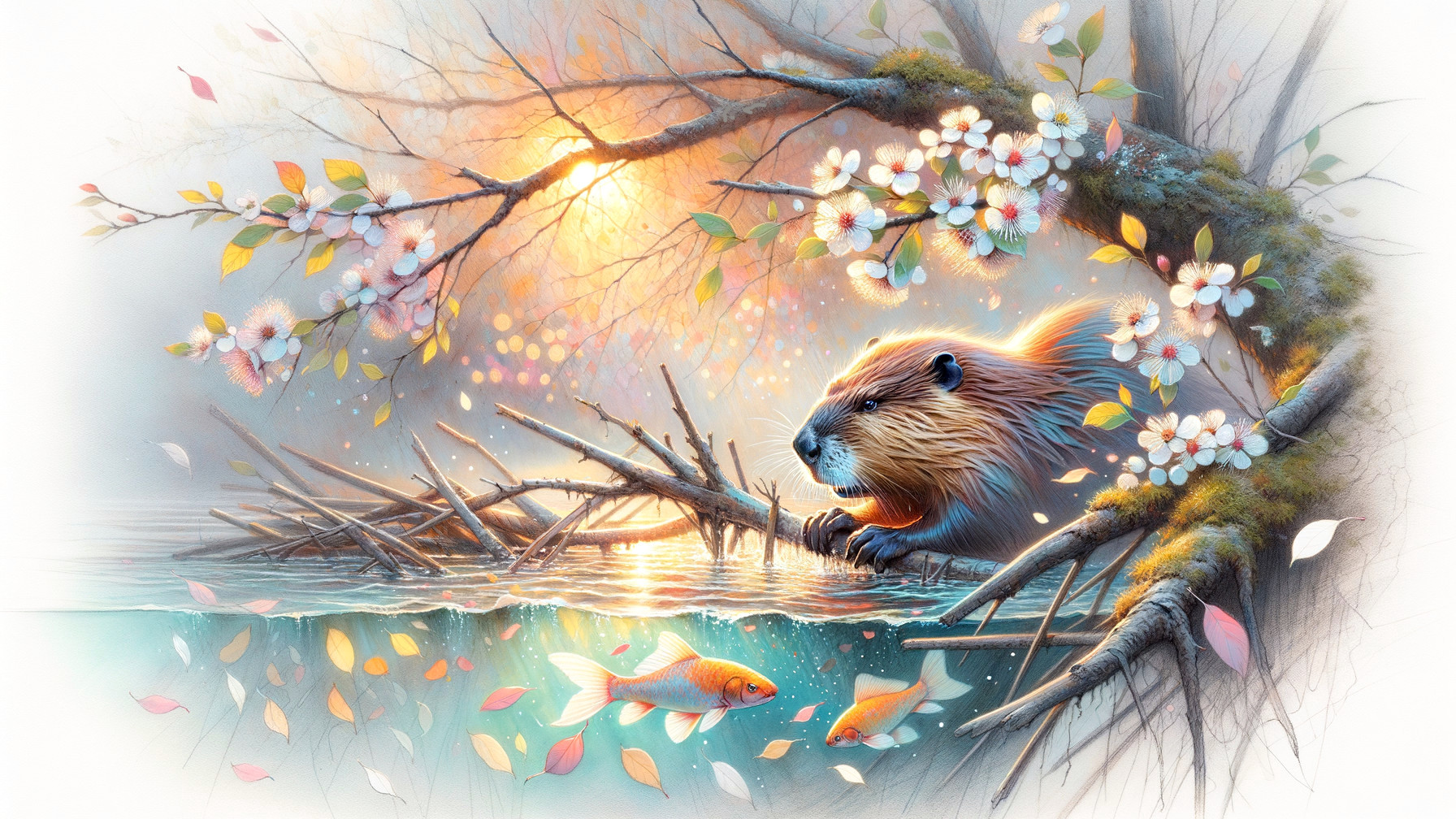 Beaver by Tranquil Pond with Cherry Blossoms and Leaves