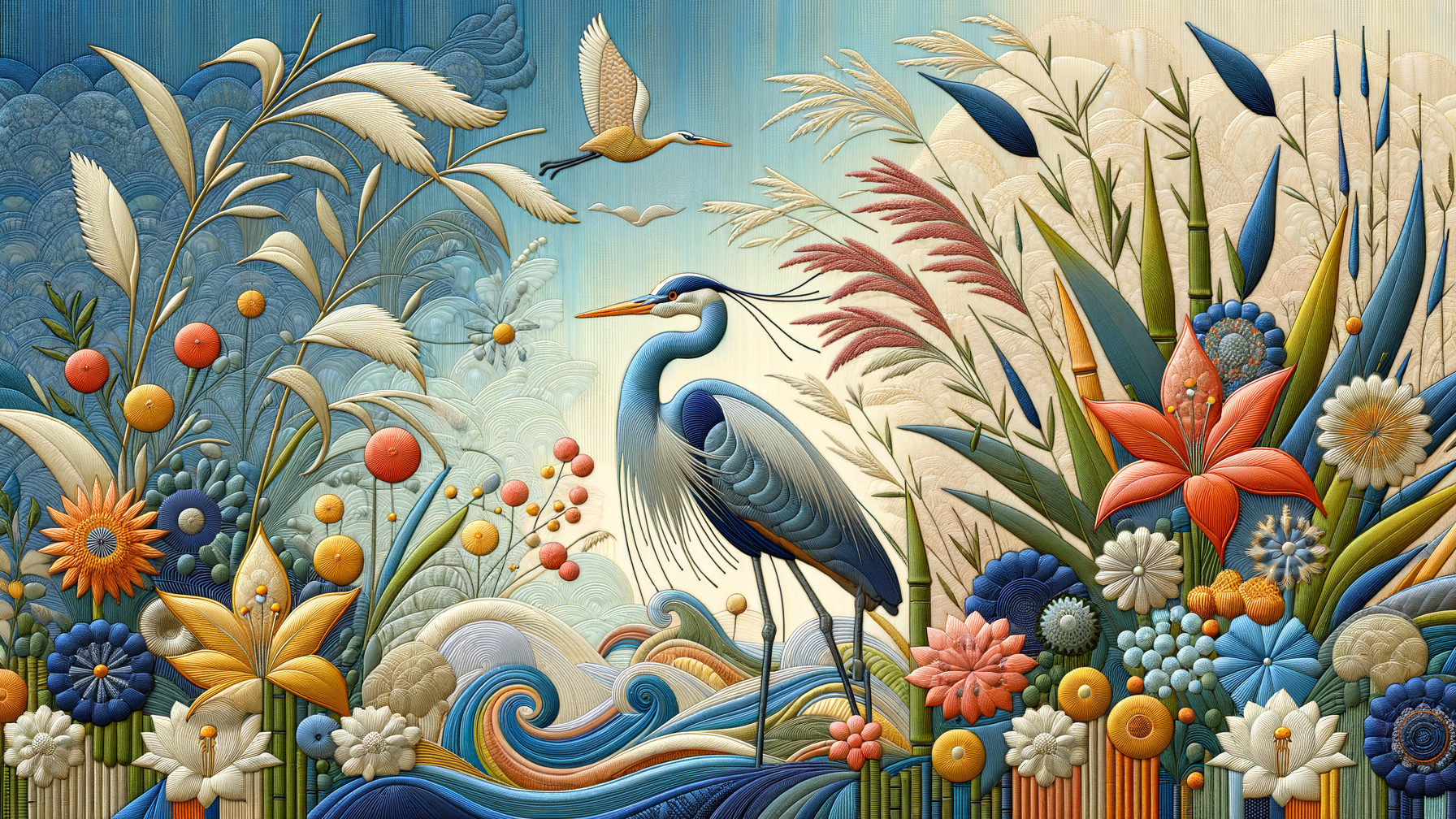 Vibrant Artwork of Blue Herons in Serene Nature Scene