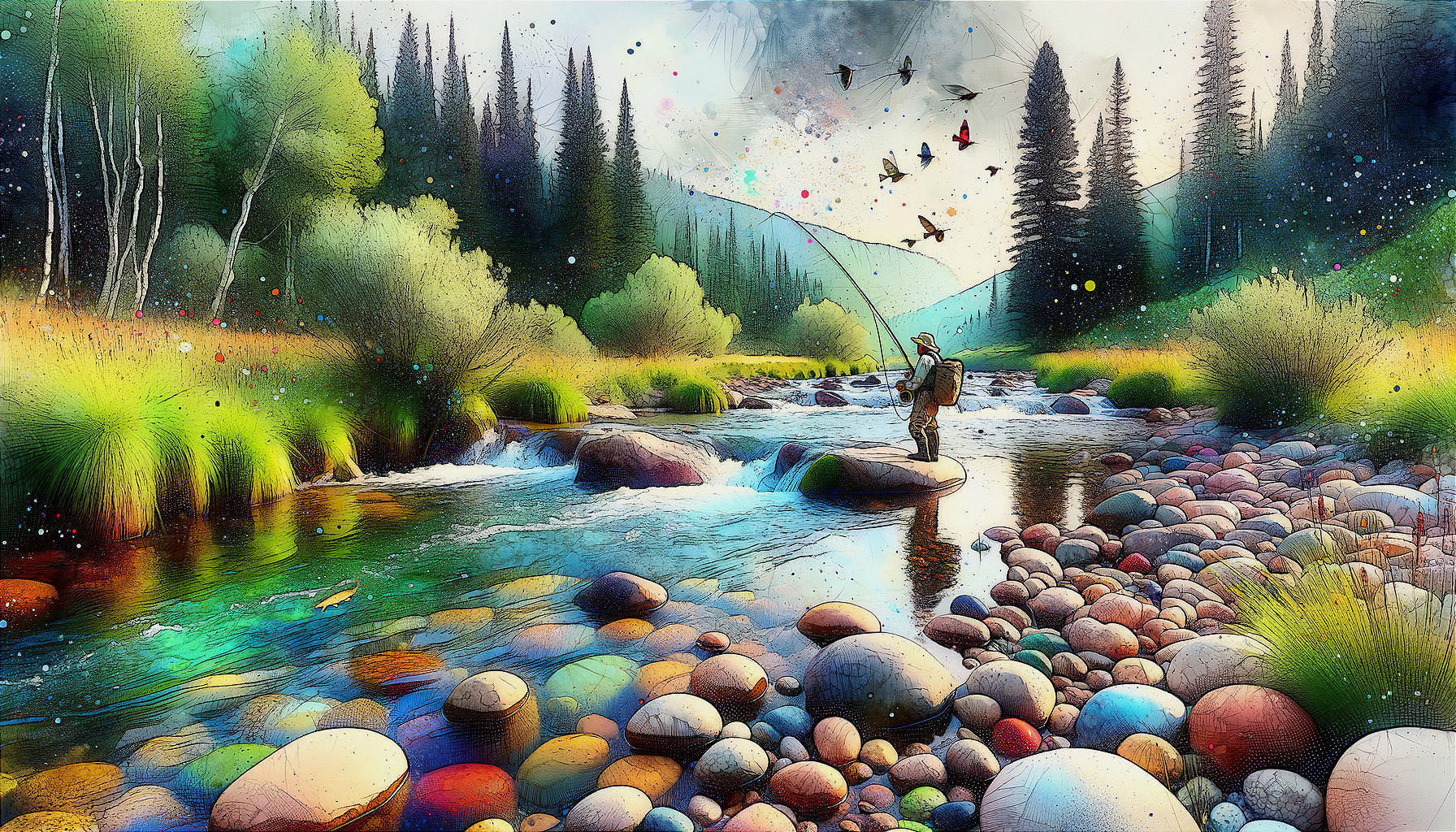 Tranquil River Landscape with Fisherman and Lush Greenery