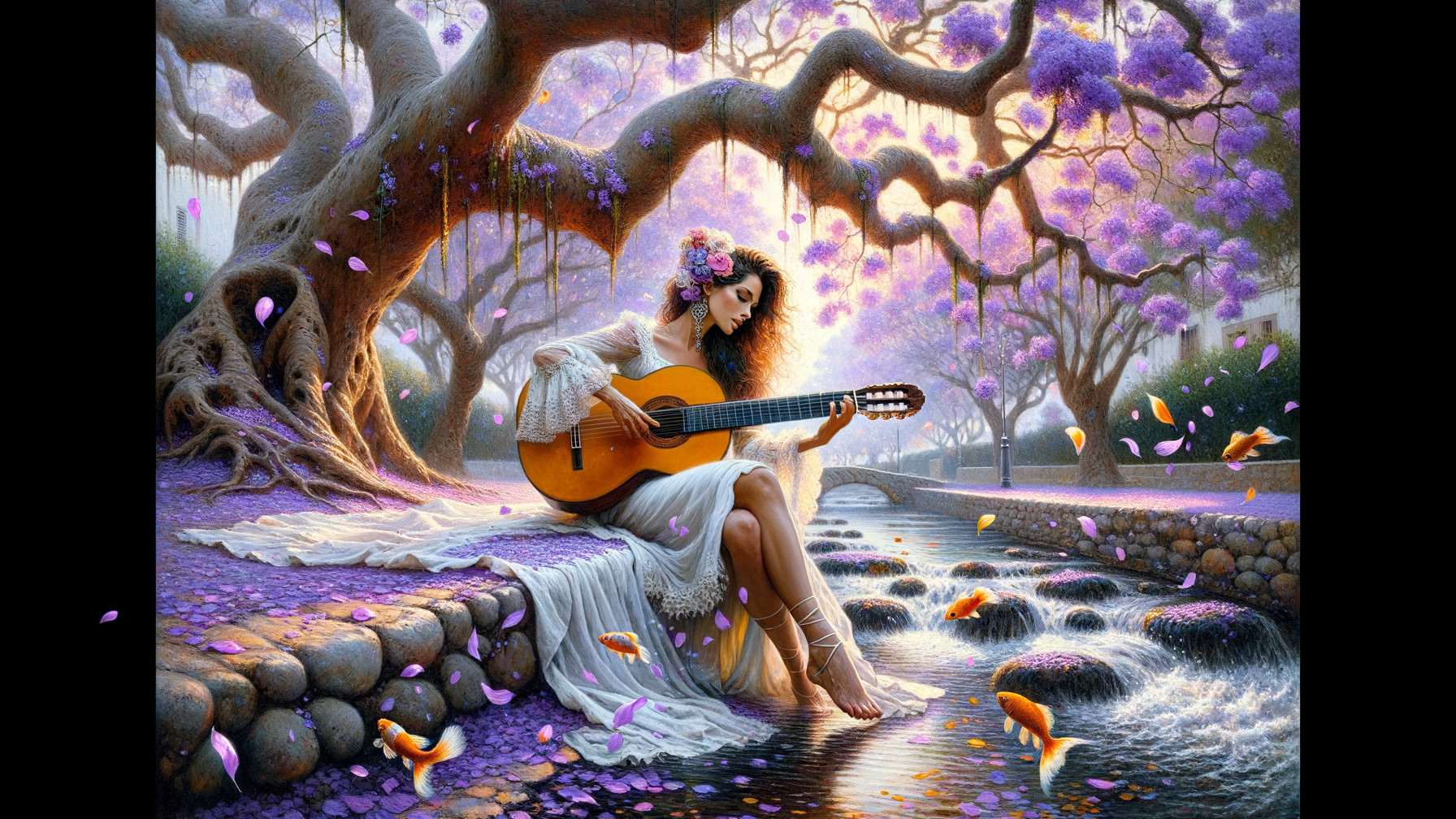 Young Woman Playing Guitar by a Flowing Stream