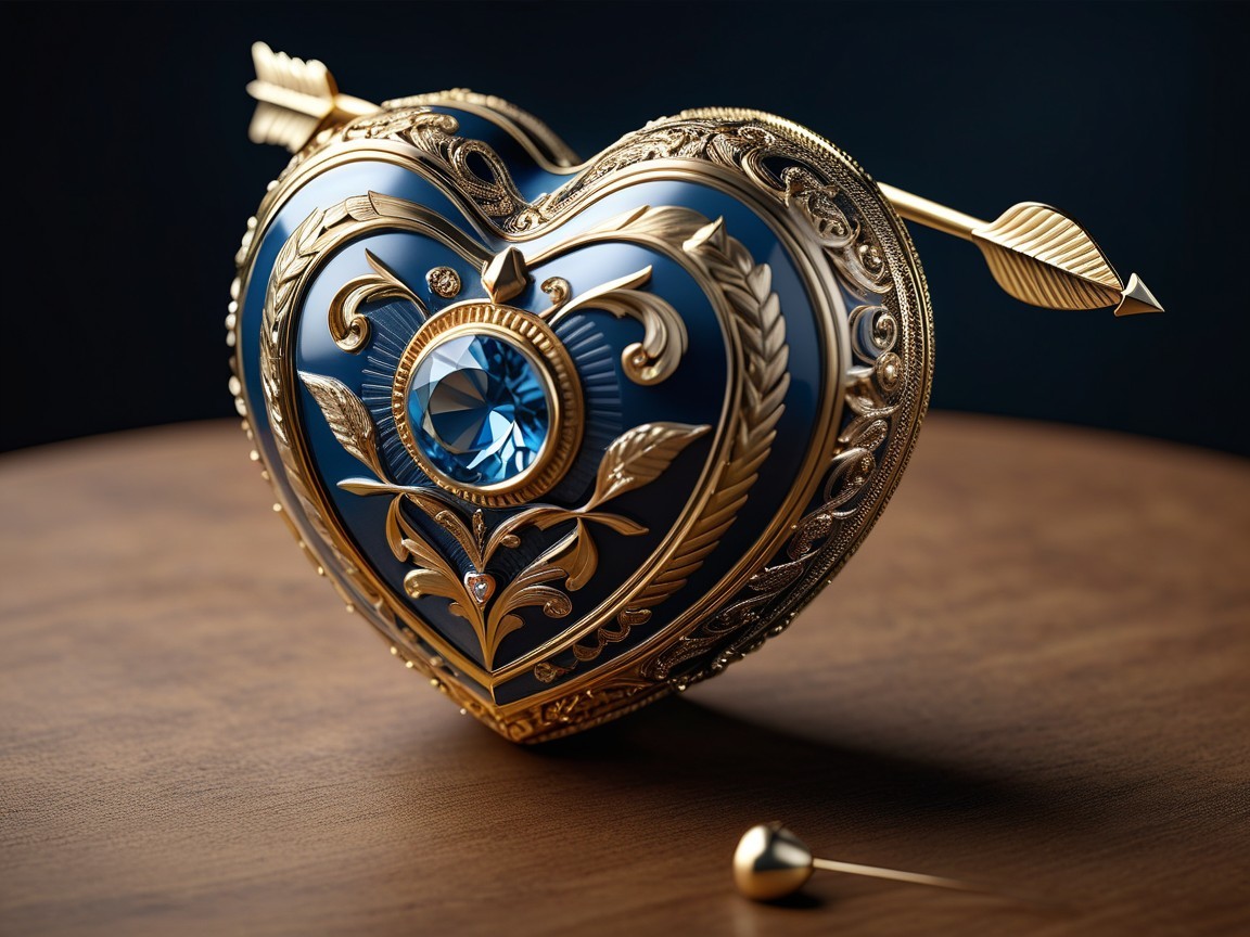 Ornate heart-shaped box with golden detailing and gem