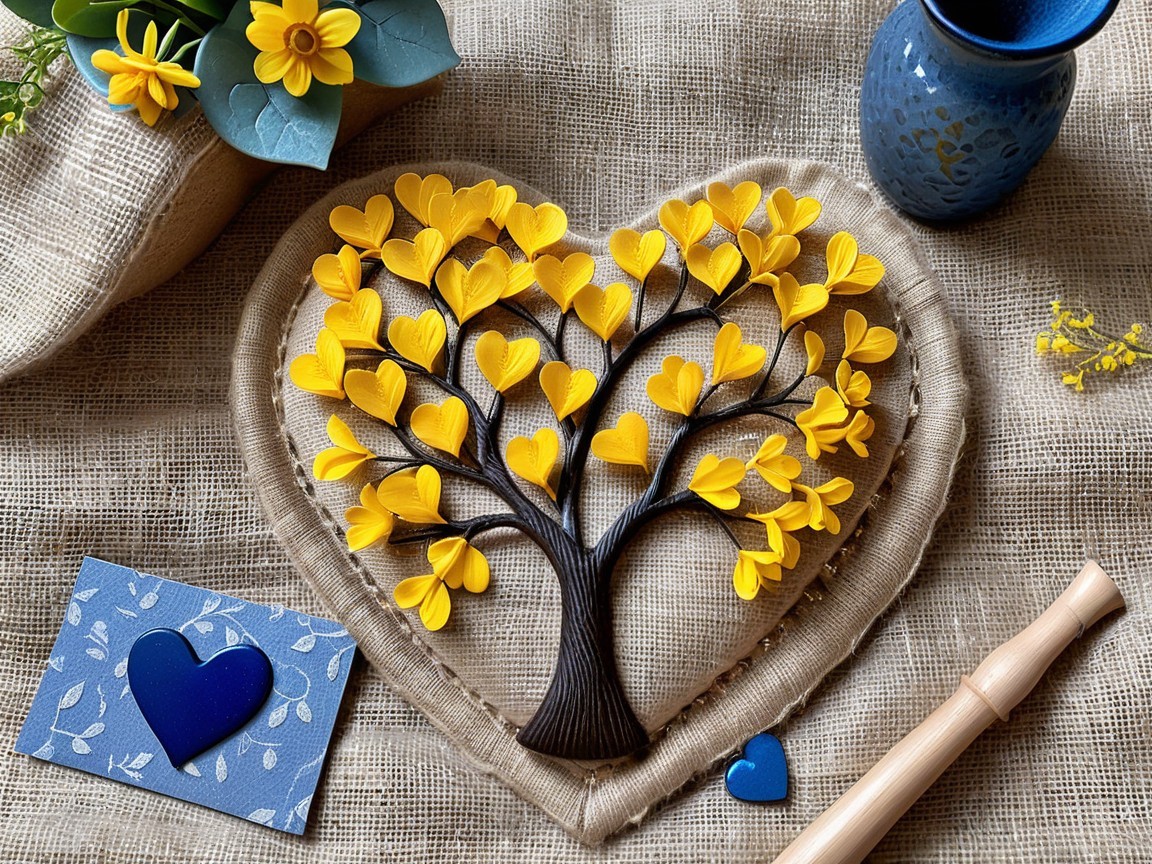 Heart-Shaped Tree Sculpture with Yellow Leaves and Cloth