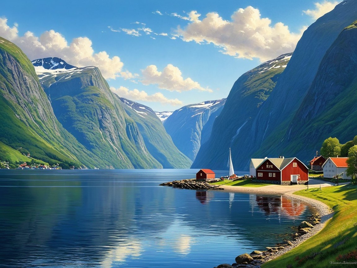 Serene Fjord Landscape with Mountains and Houses