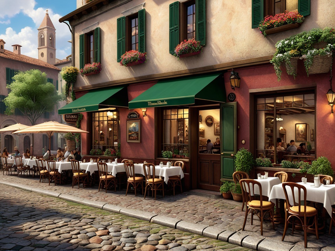 Charming Restaurant Street Scene with Outdoor Dining