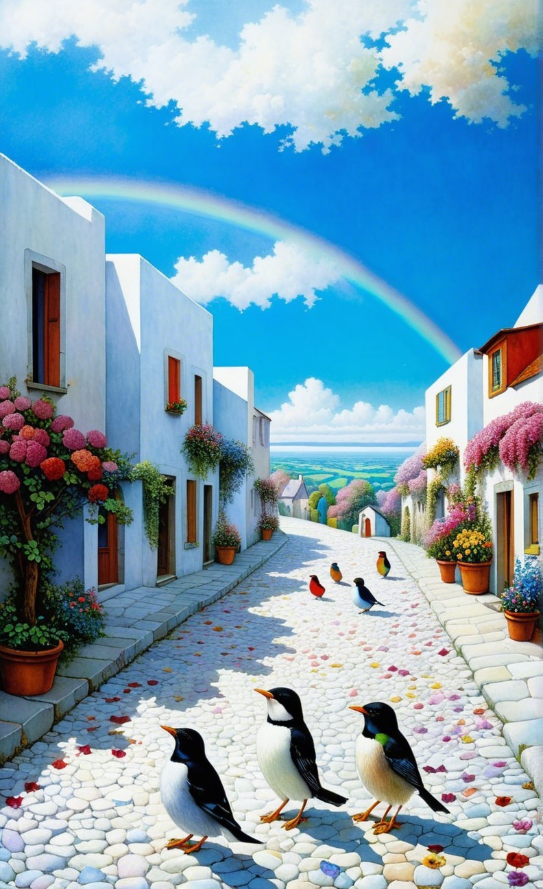 Charming Cobblestone Street with Vibrant Flowers and Birds
