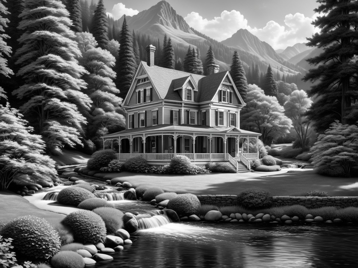 Victorian House Surrounded by Mountains and Forests