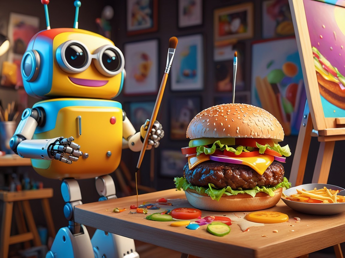 Colorful Robot in Art Studio with Hamburger and Paint Supplies