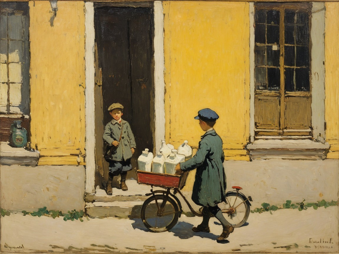 Boys in Historic Attire with Milk Cart in Vibrant Scene