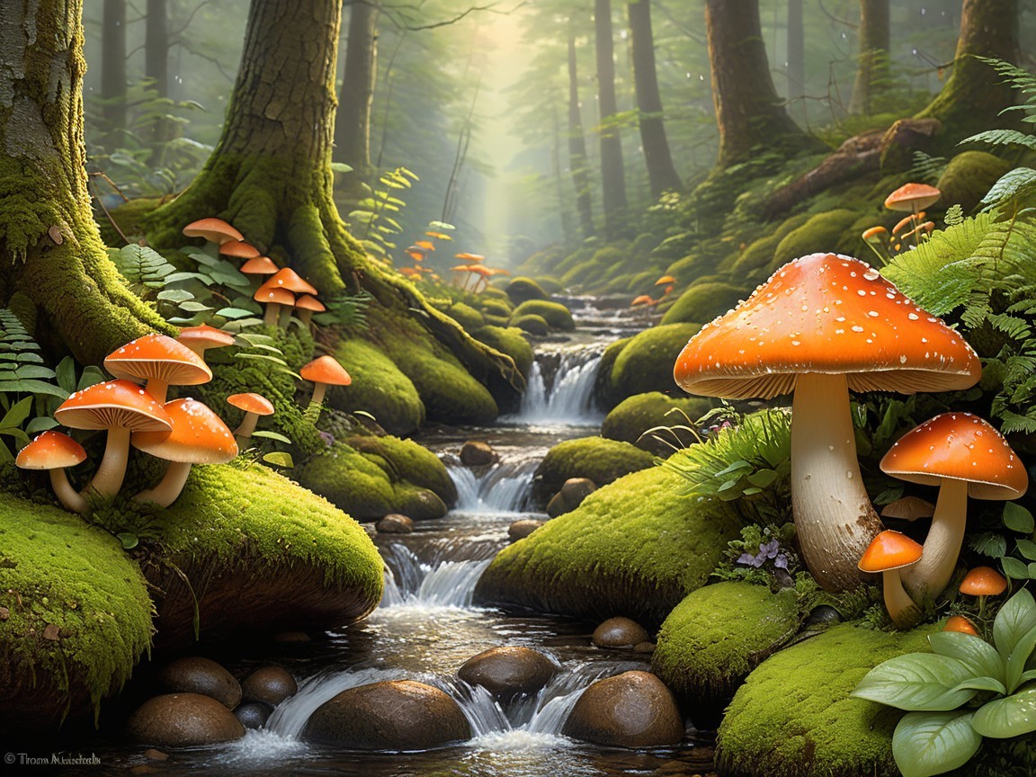 Serene Forest Scene with Orange Mushrooms and Stream