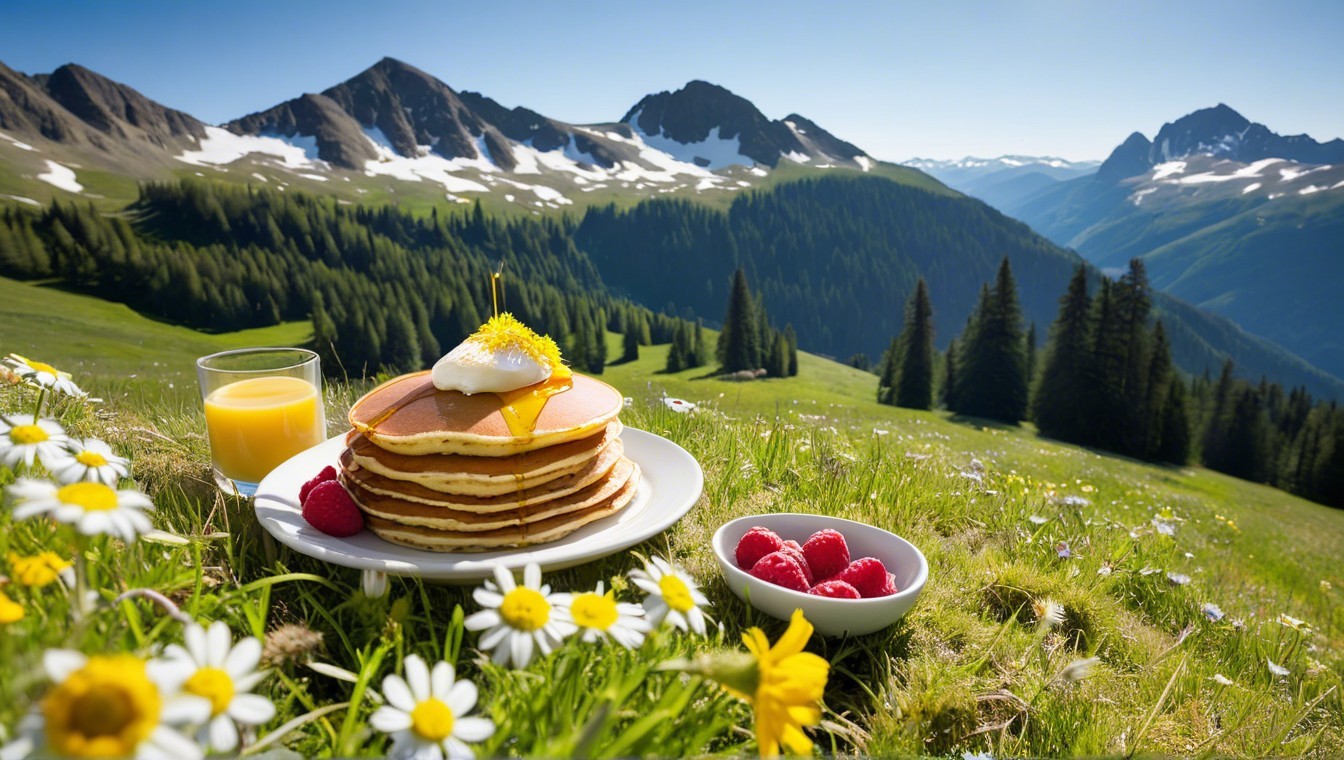 Outdoor Scene with Pancakes, Egg, and Wildflowers