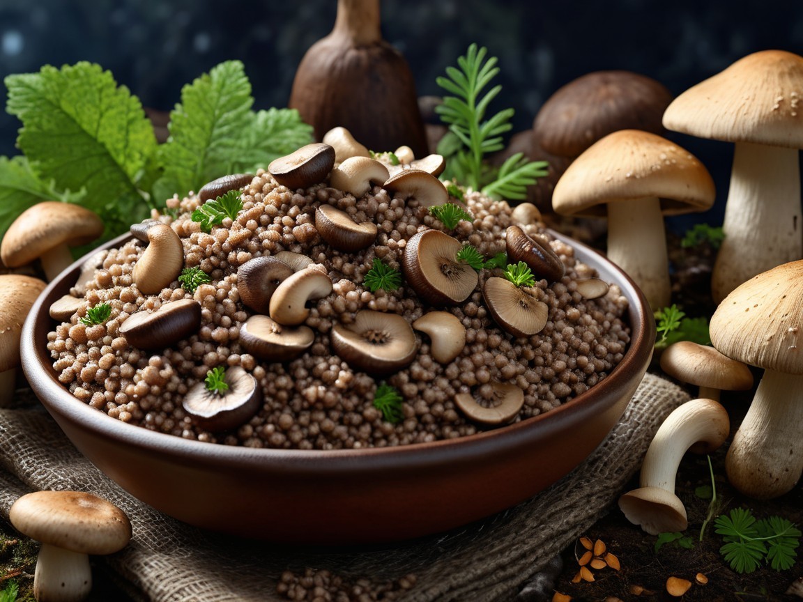 Bowl of Grains with Mushrooms and Fresh Greens
